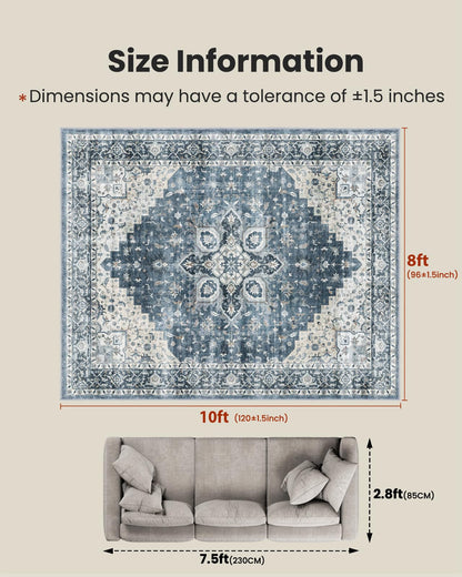 AMADA HOMEFURNISHING 8x10 Washable Area Rug, Low-Profile with Non-Slip Backing & Durable Edge Binding, Vintage Large Rugs for Living Room, Bedroom, Dining Room, Blue