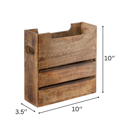 Mie Creations Wooden Magazine Holder Rack with Handle, Decorative Magazine Storage Basket for File, Folder, Books, Newspaper | Rustic Brown Magazine Bin Display Stand, Office Desk Organizer 10-inch