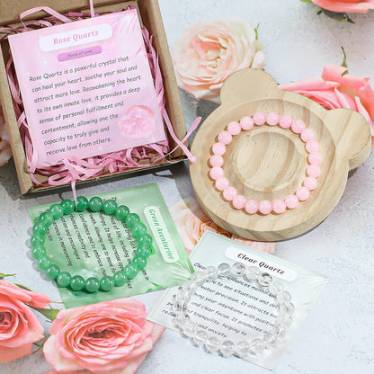 Set of 3pcs Natural Crystal Bead Bracelet for Women, Healing Stone Chakra Stretch Beaded Bracelets Anxiety Relief Bracelet Rose Clear Quartz Aventurine