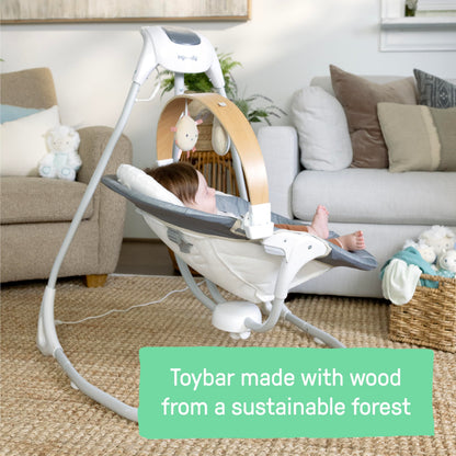 Ingenuity SimpleComfort Compact Baby Swing, Rotating Seat Swings in 3 Directions, 6 Speeds, 8 Melodies & 3 Nature Sounds, Ages 0-9 Months, Up to 20 Pounds - Parker
