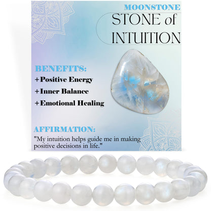 Bivei Moonstone - Intuition - 6mm Beaded Bracelets for Women Handmade Semi Precious Natural Stone Stretch Elastic Jewelry for Women Yoga Protection Gifts