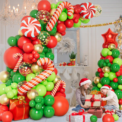 DBKL 138 Pcs Christmas Balloons Garland Arch Kit with Xmas Red Gold Green Balloons Candy Cane Gift Box Foil Balloons for Christmas Party Decorations Birthday Xmas Party Supplies