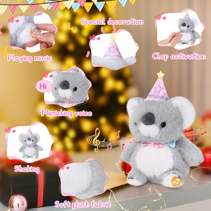 LLUKEME Birthday Koala Plush Baby Toys, Clap Activated with Voice Recording, Singing Dancing Interactive Stuffed Animal, Easter Gift for Toddlers, Birthday Party Decor