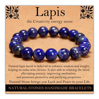 Handmade Natural Gemstone Elastic Bracelet - Healing Crystal Beads Jewelry, Unisex (Lapis Lazuli, 10mm)