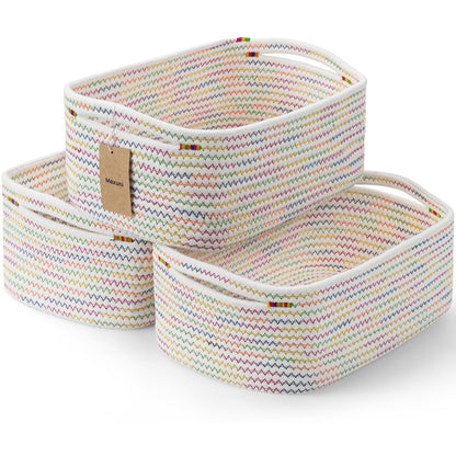 Maxuni 3-Pcs Shelf Baskets for Organizing, Closet Organizer Bins, Small Woven Baskets, Rope Toy Basket, Storage Basket for Shelves, Cube Decorative Box, 11.8×7.8×5.1”, Rainbow