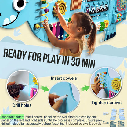 AthomBear Dinosaur Wall Busy Board with 12 Activities - Wall Toys for Toddlers 2,3,4,5 - Sensory Panel Wooden - Montessori Busy Board Learning Activity Center for Playroom and Classroom