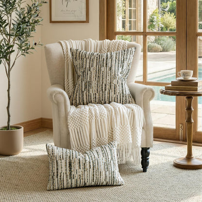 a moment Boho Throw Pillow Covers Set of 2,Striped Decorative Rustic Farmhouse Pillow Cases,Aesthetic Modern Home Decor Couch Cushion Covers for Bed Sofa Living Room 20"X20" Moss Green