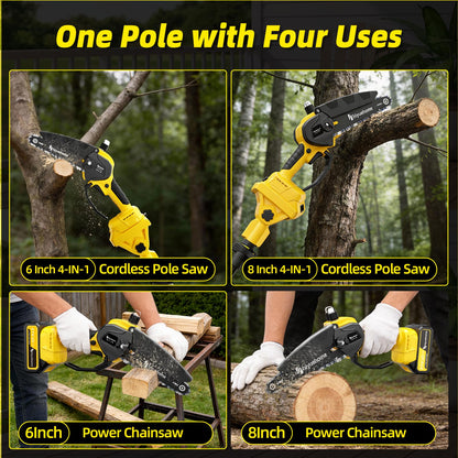 21V Cordless Pole Saw, 4-in-1 180° Rotatable Electric Tree Trimmer with 6/8 Inch Guide Bars,4000mAh Battery & Fast Charger, Telescopic Pole, Brushless Motor for Garden/Farm/Camping