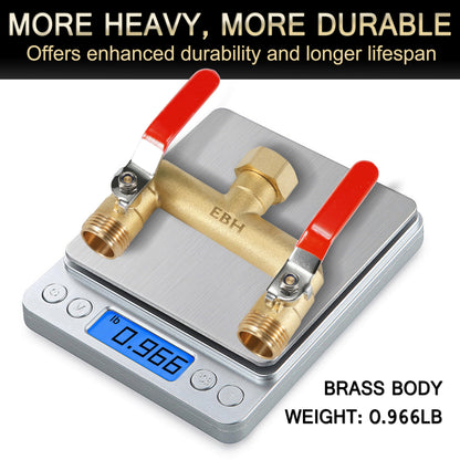 EBH Garden Hose Splitter, 2-Way Full Flow Brass Heavy Duty Outdoor Hose Manifold with Extra Long Handles Shutoff Valves Spigot Adapter- 3/4” GHT Thread