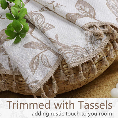 Ebesto Scalloped Valance for Windows - Faux Linen Textured Short Kitchen Valance with Tassels, Farmhouse Floral Printed Small Window Curtains for Bathroom Basement RV, 1 Piece, 52Wx18L Inches, Taupe