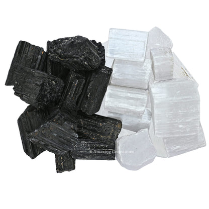 Amazing Gemstone Black Tourmaline Selenite Crystal - 1/2 lb Bulk Raw Black Tourmaline Crystals and Selenite Healing Crystals for Protection, Crystal Grid, Energy Piedra Selenita Original