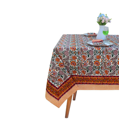 Handblock Print Cotton Tablecloth – 72x108 Rectangle Table Cover Seats 6–8 – Indian Block Printed Floral Dining Table Linen – Boho Washable Cloth for Kitchen, Party, Outdoor (Orange)