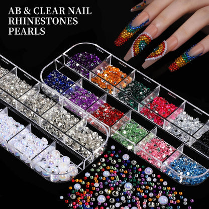 FANDAMEI Nail Charms, Nail Rhinestones Kit with 8 Boxes of Nail Gems, 3D Charms for Nails, Colorful Clear Flatback Rhinestones, Charms Y2K for Nails, Multi Shape Pearls Jewels for Crafts