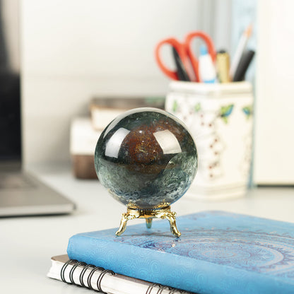 Crocon 50mm Green Blood Stone Sphere Ball with Metal Stand 1400+ Carats Gemstone Ball Healing Sphere Sculpture Figurine for Fengshui Divination Home Decoration Photography Crystal Sphere