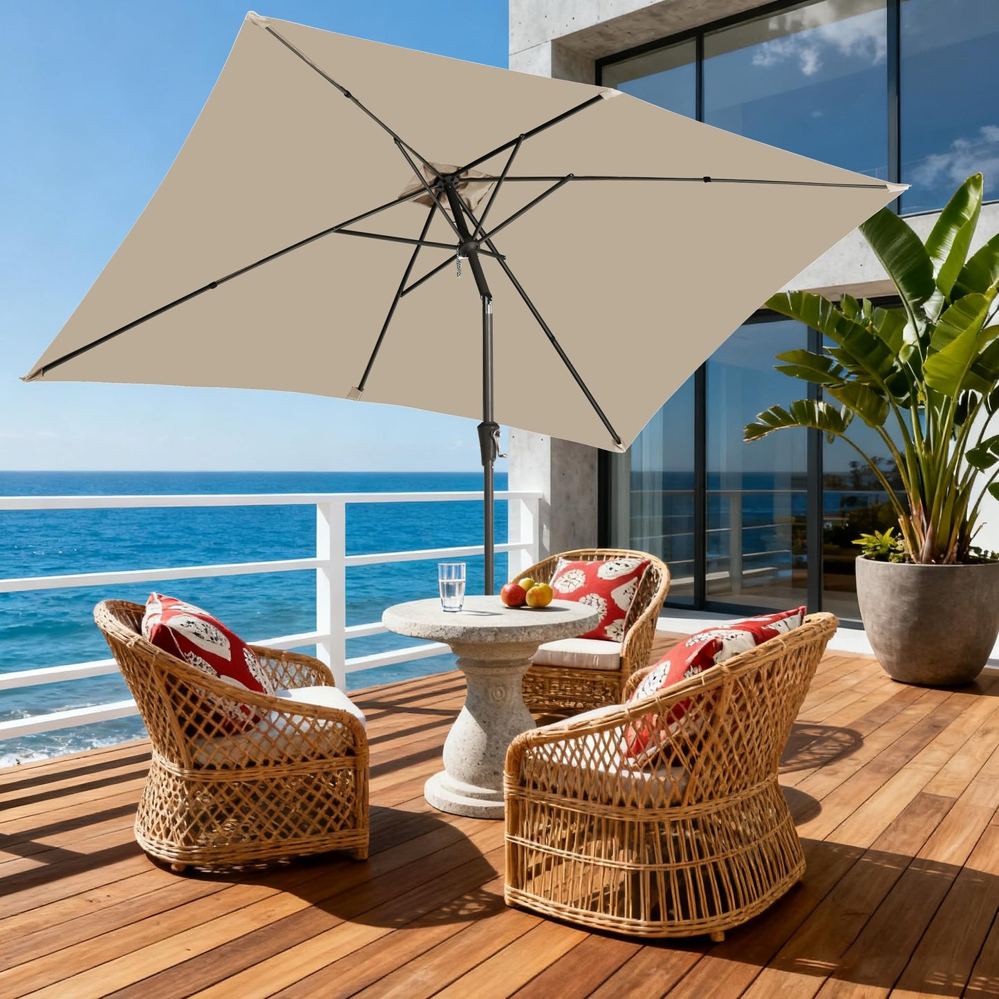 GREFORG 6.5x10FT Rectangular Patio Umbrella with Push Button Tilt & Crank Lift for Garden,UV Protection Outdoor Umbrella for Deck,Pool and Yard,Beige