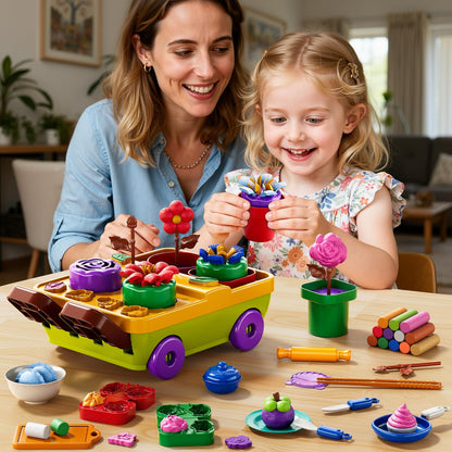 JUKUDAHU 50PCS Play Clay Set Blooming Flower Garden Toy Playset for Kids 3-5, DIY Nature Kits, Pretend Kitchen Toys Accessories with Cart, Toy Dishes, Gifts for Girls Boys Toddlers Ages 3 4 5 6 7 8 9