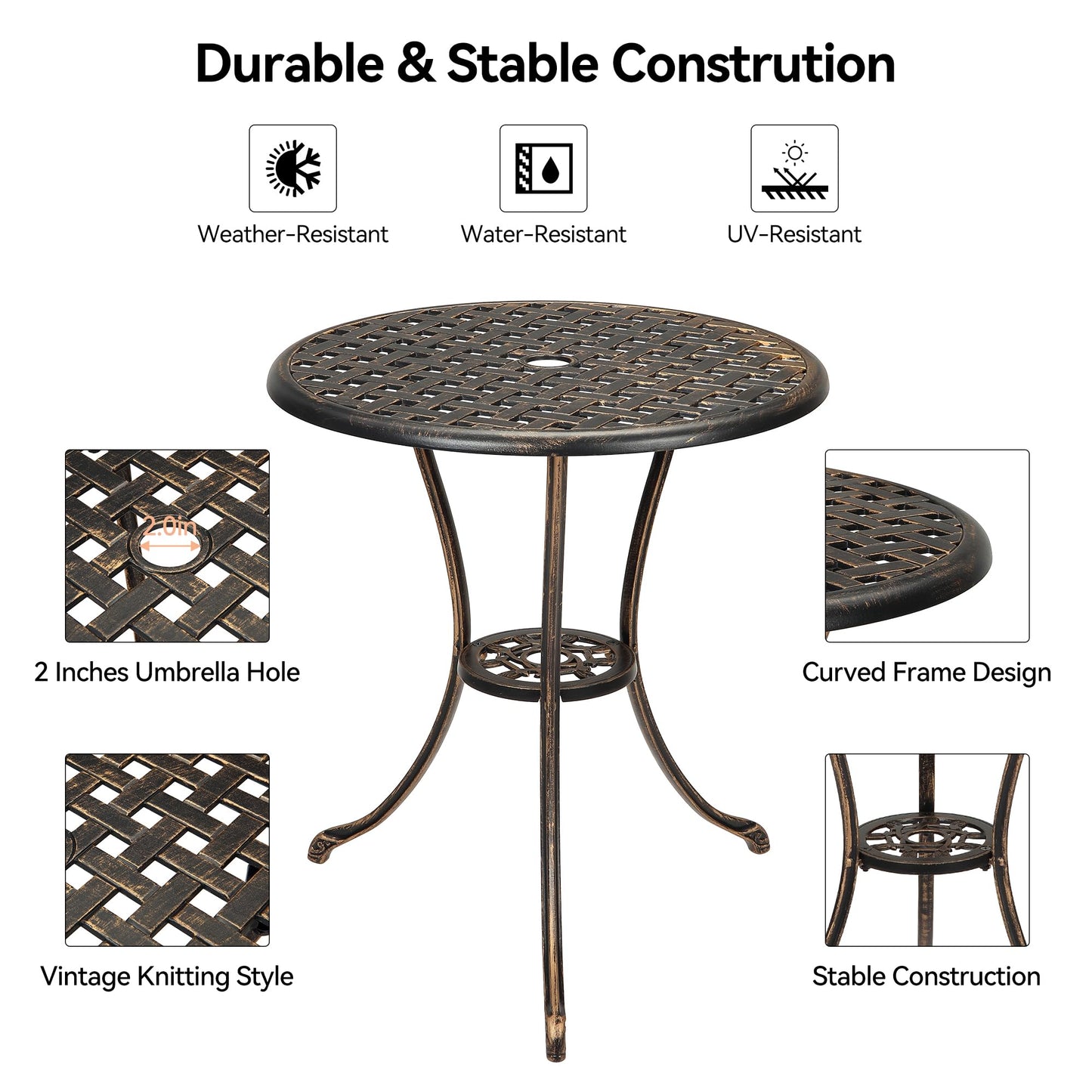 GarveeHome Patio Bistro Table, 24" Round Outdoor Coffee Table with 2" Umbrella Hole, Outdoor Cast Aluminum Bistro Table Side Table with Iron Frame for Balcony Backyard Lawn and Garden, Rustic Brown