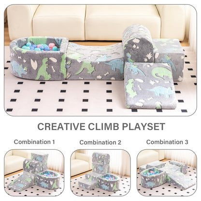 Tiita Baby Climb and Crawl Playset 5-Piece, Kids Foam Climbing Block with Small Ball Pit - Indoor Soft Play Climber for Playtime Fun, Grey Star, Green Dinosaur