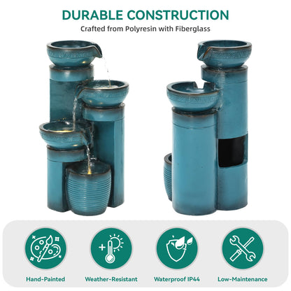 Autodaya 19.3" H Pedestal Outdoor Water Fountain with LED Lights and Pump, 4-Tier Cascading Water Feature, Tranuil Waterfall for Relaxing Garden, Patio, Yard, or Porch, Turquoise, Faux Ceramic Finish