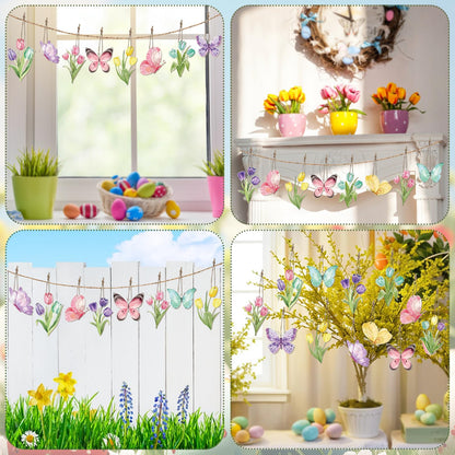 JNYVE 36 Pcs Spring Tree Ornaments: Spring Wooden Flowers Decorations Tulip Butterfly Hanging Decor for Small Tree Home Party
