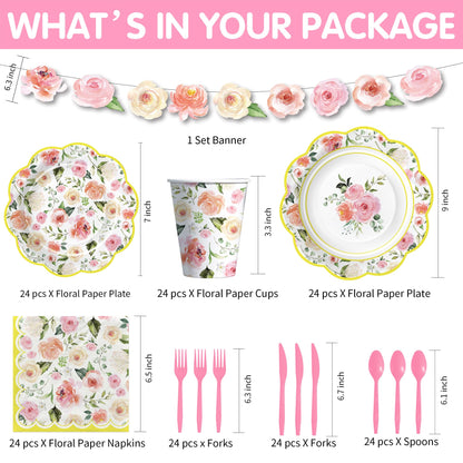 Owelleny Flower Floral Party Decorations, Spring Summer Elegant Garden Floral Party Supplies for Birthday Bridal Wedding Baby Shower, Disposable Paper Plate, Cup, Napkin, Banner, Cutlery, Serves 24