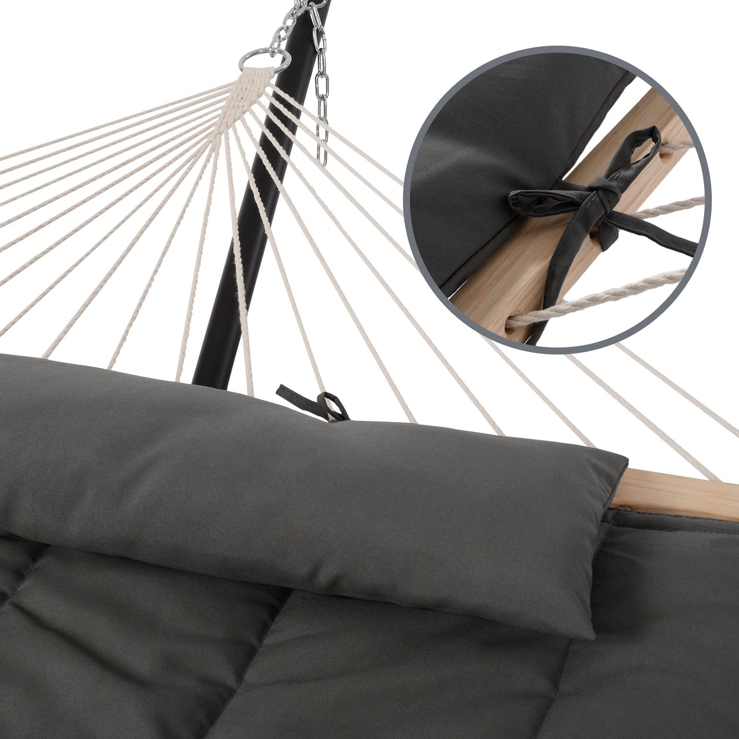 SUNCREAT Double Outdoor Hammock with Stand, Two Person Cotton Rope Hammock with Polyester Pad, Dark Gray