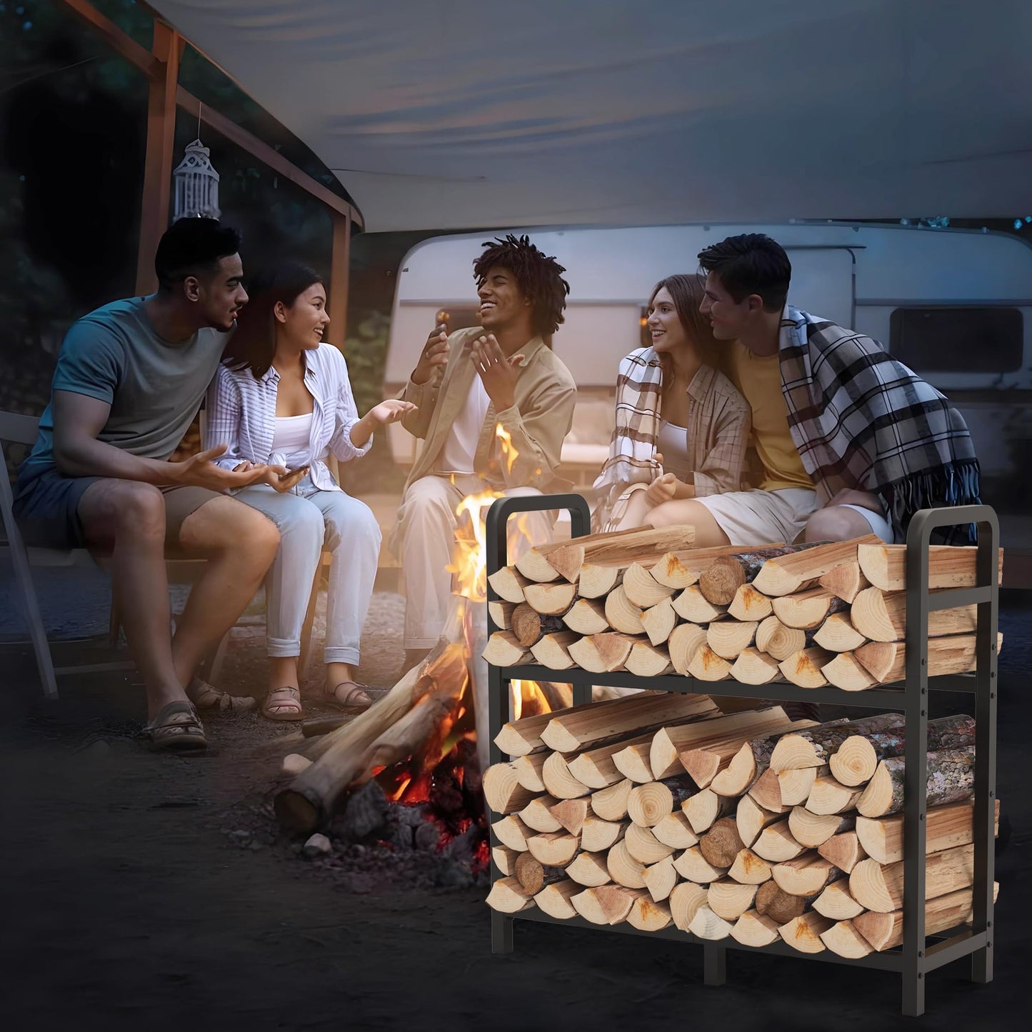 HXJLJY 2-Tier Large Firewood Rack Outdoor Indoor with Log Carrier Bag, 30" Stable Log Holder Rustproof Metal Wood Rack for Fireplace Patio Deck Firepit, Heavy Duty Firewood Storage Organizer Tool