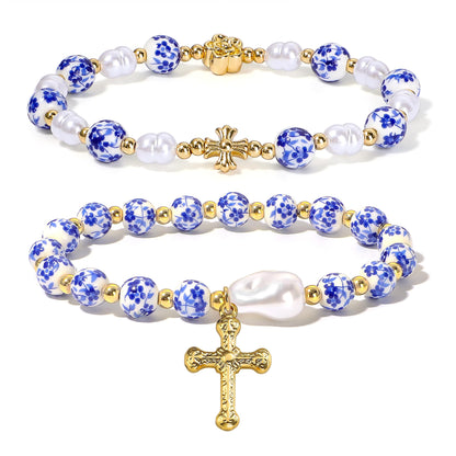 Dainty Cross Charm Beads Bracelet for Women Blue And White Vintage Ceramics Flower Bracelet Handmade Stretch Cute Beaded Romantic stackable Jewelry Gifts