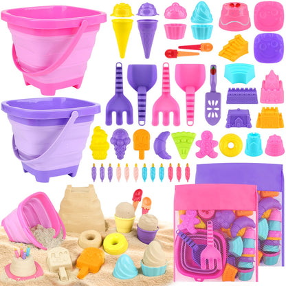 Dreamon Collapsible Beach Toys Set for Kids 3-10, Collapsible Sand Bucket with Beach Molds and Mesh Bag, 2 Pack Shovels Set Ice Cream Sand Toys for Beach, Sandbox Travel Toys for Kids Toddlers Girls