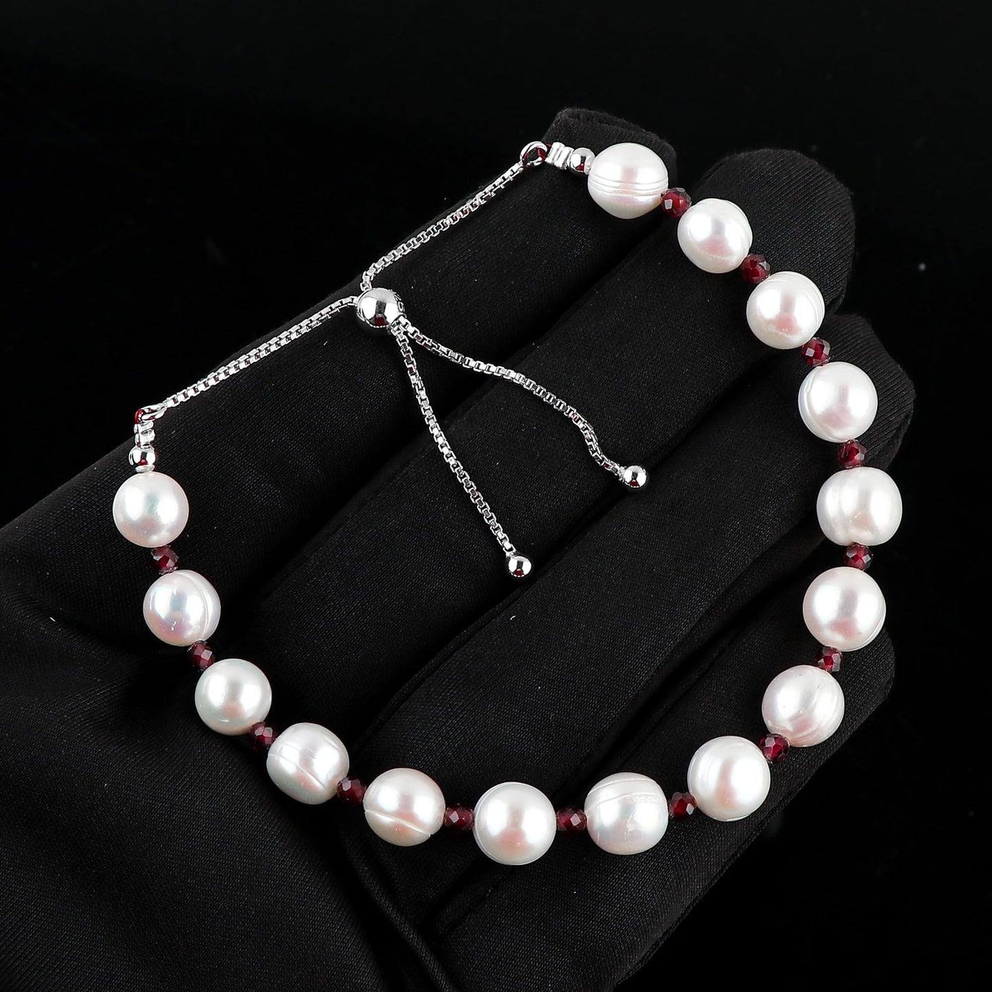 CRYSTALIS Natural Garnet And Freshwater Pearl Beaded Bracelet, Elegant Beads Crystal, Chakra Bracelet, Healing Bracelet, Gemstone Jewelry, Friendship Bracelet, 925 Sterling Silver Slider 10 inch
