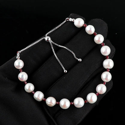 CRYSTALIS Natural Garnet And Freshwater Pearl Beaded Bracelet, Elegant Beads Crystal, Chakra Bracelet, Healing Bracelet, Gemstone Jewelry, Friendship Bracelet, 925 Sterling Silver Slider 10 inch