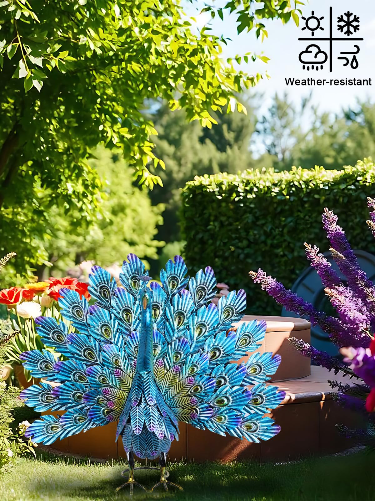 YEAHOME Garden Decor Outdoor Statues, 22.4" Large Metal Peacock Standing Yard Art, Blue Green Bird Lawn Sculptures Garden Decor for Outside Patio Porch Backyard