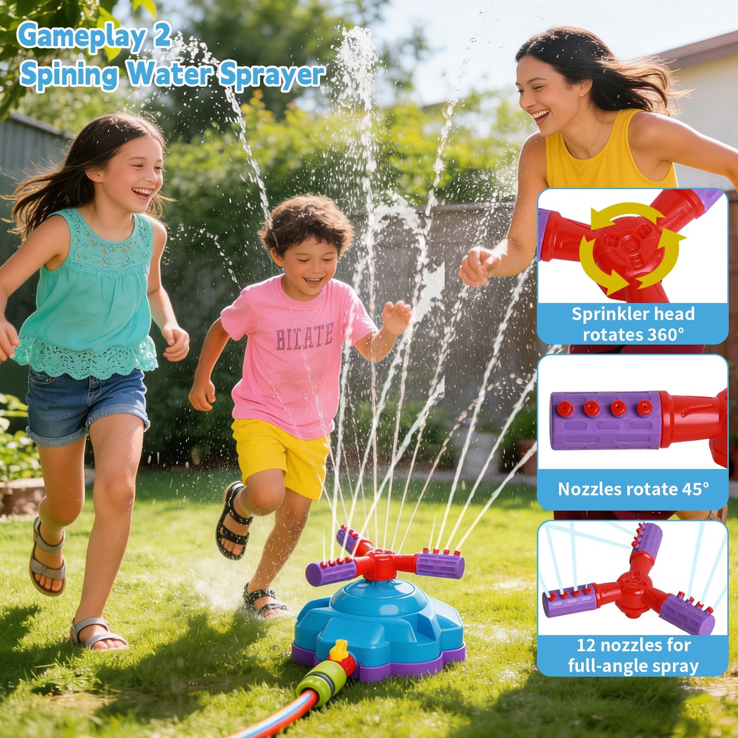 4-in-1 Water Sprinkler for Kids, Water Sprinkler Baseball Toy, Rocket Sprinklers, Rocket Launch Game, 360°Rotating Sprinklers Outdoor Summer Toys for Boys Girls