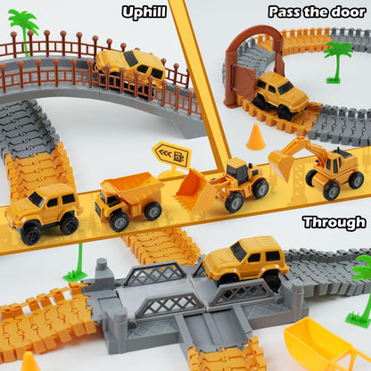TGJH Construction Race Car Track Set for Kids - Flexible Engineering Toys with 2 Electric Cars, Birthday Gift for 3 4 5 6 7 Year Old Boys, DIY Road Games Playset with 220+ PCS