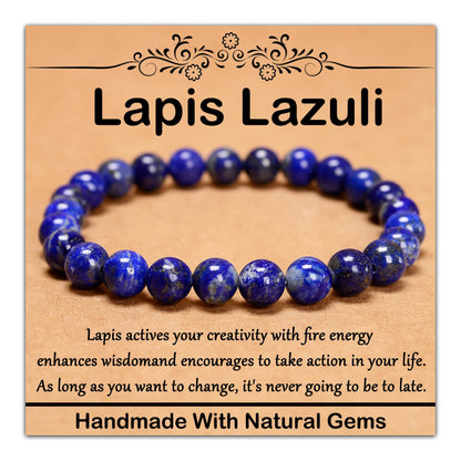 CHCCOYE 8mm Natural Healing Gemstone Bracelet Handmade Yoga Stretch Elastic Bracelet Stress Relief Crystal Jewelry for Men and Women (8mm Lapis Lazuli)