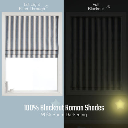Everyday Celebration Roman Shades - 100% Blackout, Cordless Pull Down, Vertical Stripe Indoor Window Shades, Woven Fabric Blinds - Denim Bleu, 31" W x 64" H