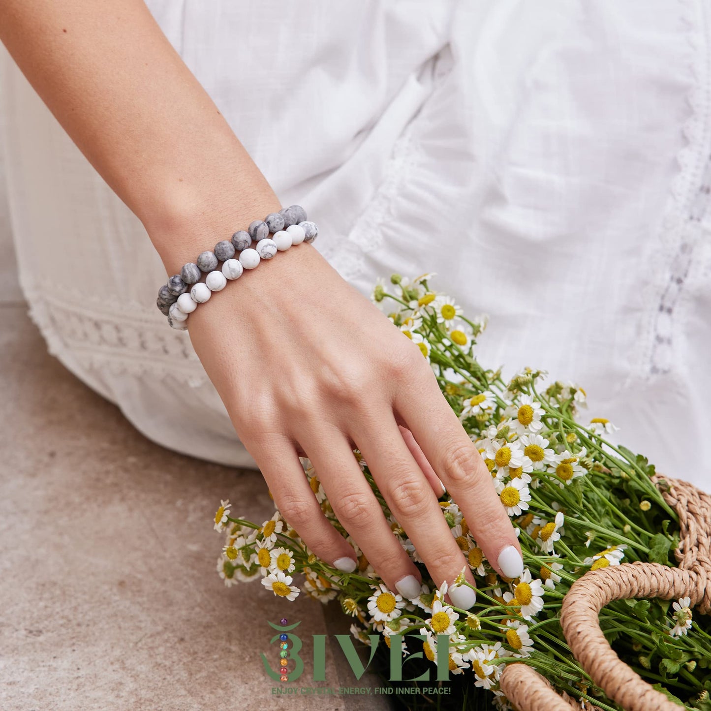 Bivei Natural Gemstone Healing Crystals Handmade 8mm Round Beads Bracelets Stretch Beaded Bracelet for Women Man(Frosted Picasso Jasper+Frosted White Howlite)