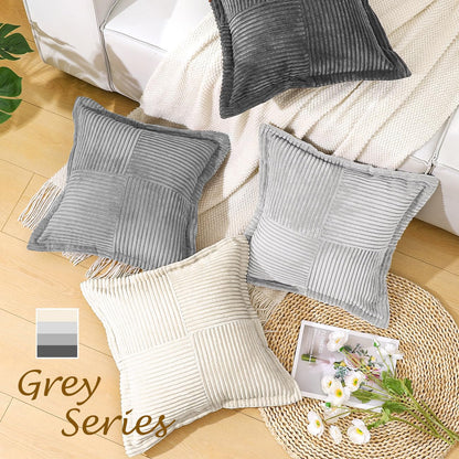 Lewondr Corduroy Throw Pillow Covers 18×18 Inch, 4 Pack Soft Square Throw Pillow Cases, Decorative Boho Striped Couch Pillow Covers for Living Room Bedroom Sofa Bed Office Cushion Cover, Gray