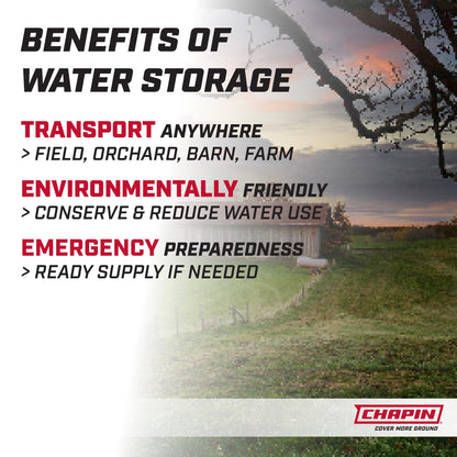 Chapin 98142 Water Storage Tank, 40‑Gallon, Utility Water Supply, Translucent Chemical‑Resistant Poly Tank, 6" Wide Cap, 2" Drain & Garden‑Hose Port for Farms, Acreage, Gardens & Orchard