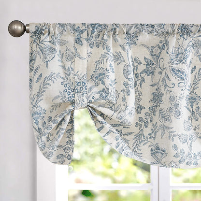 Lazzzy Kitchen Tie Up Valance Curtain Linen Floral Farmhouse Valance for Living Room Bathroom Bedroom Country Window Treatments Small Cafe Curtain 18 Inch Rod Pocket 1 Panel Blue on Beige