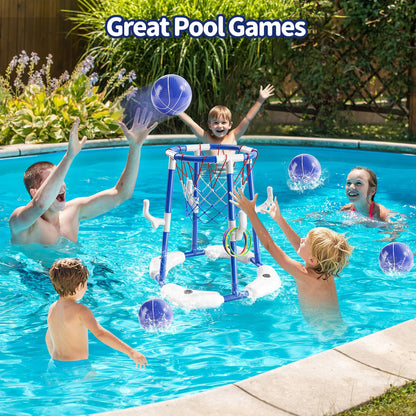 Sitodier Pool Basketball Hoop for Kids, 2-in-1 Floating Pool Basketball Play Toys and Ring Game with 4 Balls and Pump, Outdoor Summer Swimming Pool Basketball Games Family Party for Kids Adults (Blue)