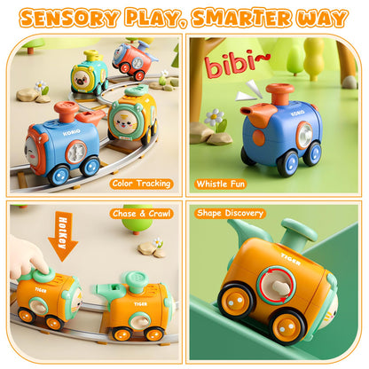 Keamaidy Baby Train Car Toys for Toddler 1-3, 4PCS Press to Go Push Car, Infant Play Whistle Vehicle Toy Set for 12-18 Months, 1st Birthday Christmas Easter Gifts for 1-2 Years Old Boys