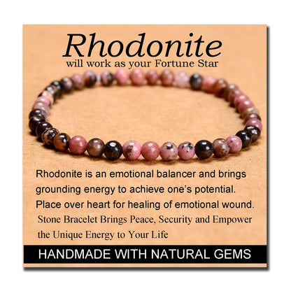 MASSIVE BEADS Pink Black Rhodonite - Stone of Fortune - Handmade Yoga Stretch Elastic Bracelet Natural Stone Crystal Healing Power Energy Gifts for Unisex Adult 4mm