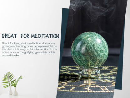 Crocon 35mm Green Aventurine Stone Sphere Ball with Metal Stand 1400+ Carats Gemstone Ball Healing Sphere Sculpture Figurine for Fengshui Divination Home Decoration Photography Crystal Sphere
