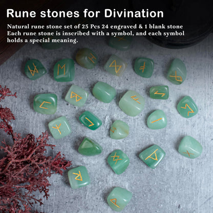 Crocon Green Aventurine Rune Stones Set Engraved with Elder futhark Crystal Runes Set, Reiki Healing runas for Meditation Chakra Balancing Rune Stone for Beginners with Crystal Guide & Pouch 15-20 mm