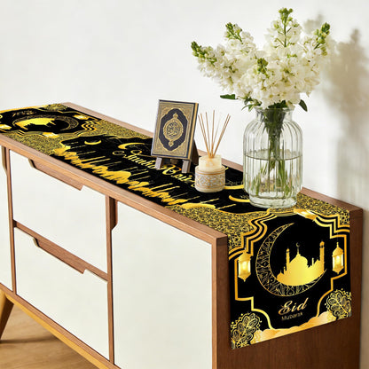 Ramadan Mosque Linen Table Runner: Black and Gold Mosque Moon Tablerunner Muslim Eid Al-fitr Eid Mubarak Perfect for Ramadan Party Home Kitchen Dining Mantel 13×72Inches(1 Pcs)