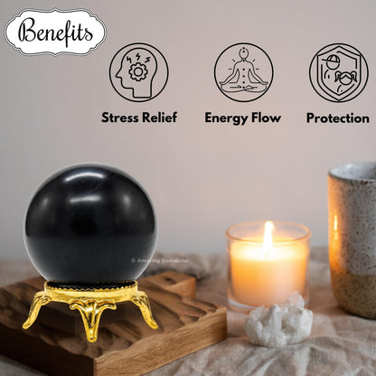 Amazing Gemstone Shungite Crystal Ball with Stand - 2 Inches Crystal Sphere Meditation Balls for Witchcraft and Decorative Balls