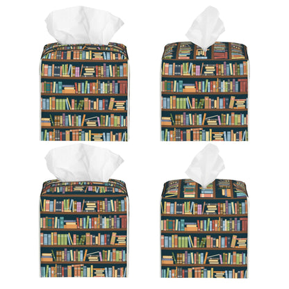 POIUBLE Tissue Box Holder Bookshelves Full of Books Tissue Box Cover Square Leather Tissue Holder Organizer Portable Decorative Facial Paper Case for Home Office Bathroom Vanity Countertop