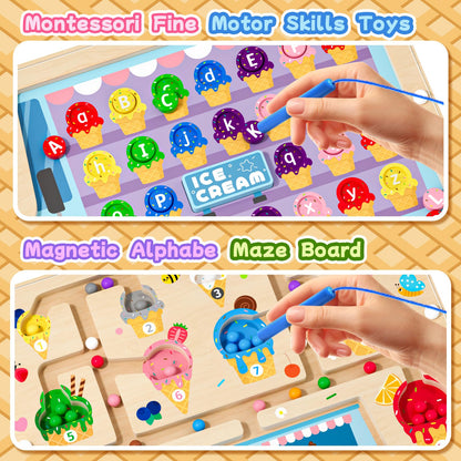 2 in 1 Magnetic Maze Board for Kids Montessori Toys Double-Sided Counting Magnetic Alphabet Letters ABC Magnets Puzzles 3-5 Age Boys and Girls Birthday Gifts