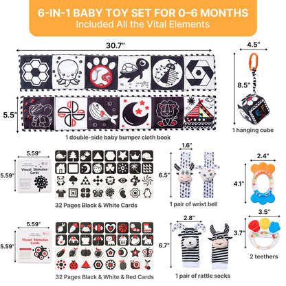 JoyCat Baby Toys 0-6 Months, 6-in-1 Newborn Sensory Toy Set with High Contrast Cards & Sensory Cloth, Wrist and Ankle Rattles, Baby Rattle, Hanging Cube and Teether, Baby Shower Gift for Boys Girls